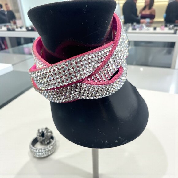 Pink Rhinestone Wrap Bracelet Crystal Cuff Real Suede Y2K Festival Statement - Picture 1 of 9